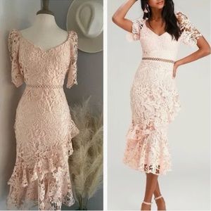 Lulu’s Briarwood Laced Ruffled Midi Dress